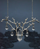 Quartz Crystal Necklace Silver Plated Branches Pendant, Elven Jewelry,Droplets Necklace, Witchy, Pagan, Gift for Her