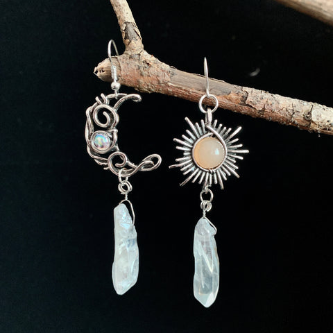Raw Crystal Sun Moon Inlaid Moonstone Earrings Stainless Steel Big Ring A Gift from Nature Wicca Accessories Gift