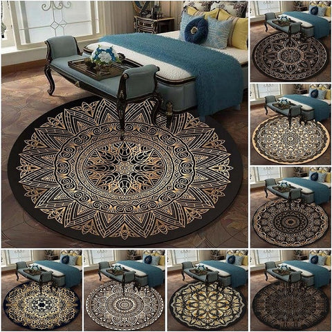 Retro Black And Gold Flowers Round Carpet Lotus Chair Floor Mat Soft Carpets For Living Room Anti-slip Rug Bedroom Decor Carpet