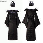 2022 Adult Women Maleficent Witch Cosplay Suit Black Luxury Flared Sleeves Long Dress Robe With Headdress Halloween Costume