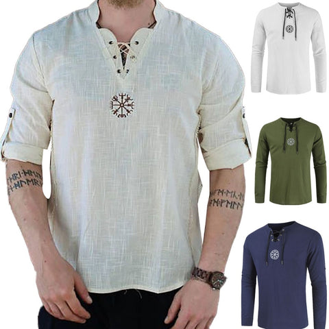 Medieval Viking Pirate Linen Top Shirt Costume Renaissance Mens Nordic Retro T-shirt Beard Cosplay Tee Lace-Up For Adult Belted