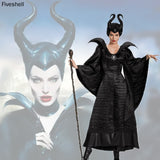 2022 Adult Women Maleficent Witch Cosplay Suit Black Luxury Flared Sleeves Long Dress Robe With Headdress Halloween Costume