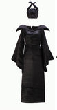 2022 Adult Women Maleficent Witch Cosplay Suit Black Luxury Flared Sleeves Long Dress Robe With Headdress Halloween Costume