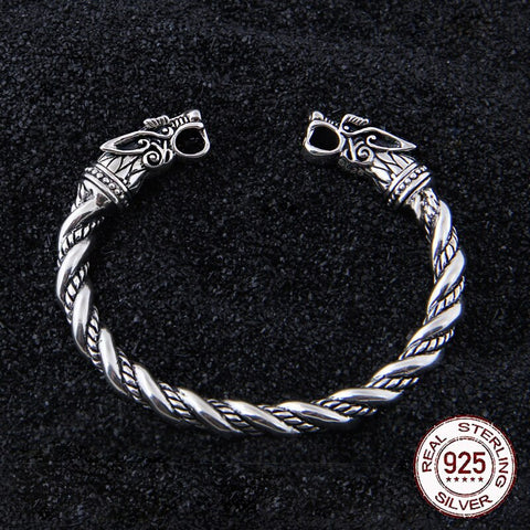 S925 Sterling Silver Viking Wolf Bangle With Wood Box As Gift For Men Or Women - Bangles