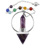 Purple Crystal Pyramid Pendulum with 7 Chakra Chain, Dowsing Reiki Healing Crystal Spiritual Energy Generator