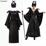 2022 Adult Women Maleficent Witch Cosplay Suit Black Luxury Flared Sleeves Long Dress Robe With Headdress Halloween Costume