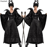 2022 Adult Women Maleficent Witch Cosplay Suit Black Luxury Flared Sleeves Long Dress Robe With Headdress Halloween Costume