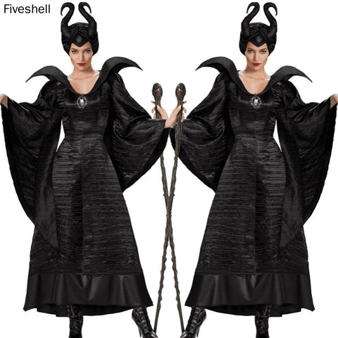 2022 Adult Women Maleficent Witch Cosplay Suit Black Luxury Flared Sleeves Long Dress Robe With Headdress Halloween Costume