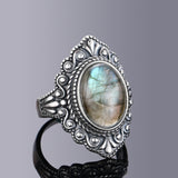 Vintage Oval Natural Labradorite Rings For Women Silver Ring Jewelry Finger Ring Gemstone Rings