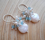 Seafoam Chalcedony Seed Pearl Earrings Handmade Gold Dangle Earrings with Pearl Clusters