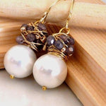 Seafoam Chalcedony Seed Pearl Earrings Handmade Gold Dangle Earrings with Pearl Clusters