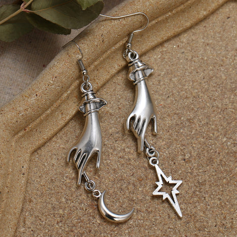Silver Plated Celestial Oracle Hand Earrings , Celestial Earrings ,Moon Charms,Star,Gift,gift for Wicca Lover