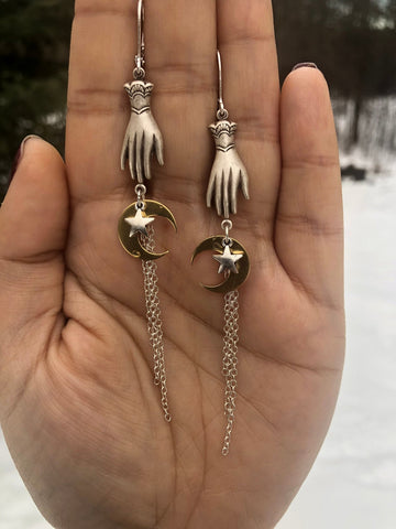 Silver Plated Celestial Victorian Hand Earrings,Celestial Earrings,Moon Charms,Star,Gift,gift for Wicca Lover,Whimsical Earrings