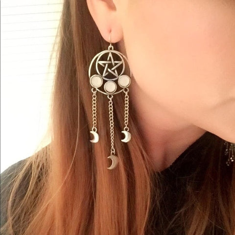Silver Plated  Witchy Pentagram Moon Dangle Earrings,gift for Wicca Lover