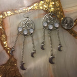 Silver Plated  Witchy Pentagram Moon Dangle Earrings,gift for Wicca Lover