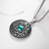 Viking Rune Evil Eye Stone Inlaid Round Pendant Necklace