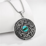 Viking Rune Evil Eye Stone Inlaid Round Pendant Necklace