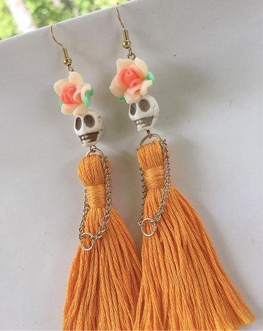 Skulls with Orange Tassels Dangle Earrings,gothic Skull , Skull Drop Earrings,Women New Fashion,day of The Dead Jewelry