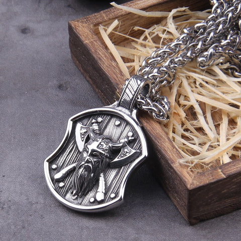 Stainless Steel Men Viking Warrior with viking axe on viking Shield pendant necklace as men gift