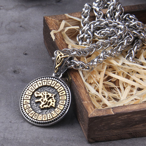 Stainless Steel Nordic 24 Runes and viking wolf pendant necklace with viking wooden box as gift