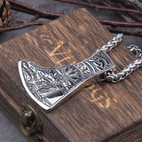 Stainless Steel Nordic Viking Warrior Axe and Vegvisir pendant necklace as men gift with wooden box