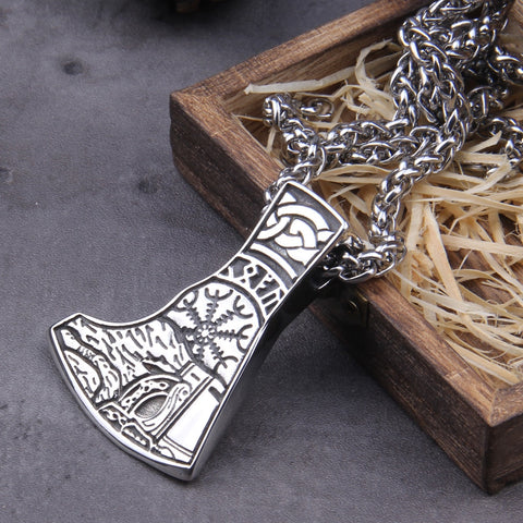 Stainless Steel Nordic Viking Warrior Axe and Vegvisir pendant necklace as men gift with wooden box