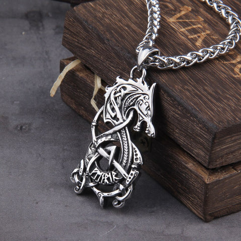 Stainless Steel Viking Dragon with Viking Rune and with wooden box as men gift never fade