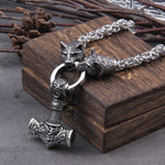 Stainless Steel Wolf Head with Handmade Chain Necklace thor's hammer mjolnir viking necklace  with wooden box as boyfriend gift