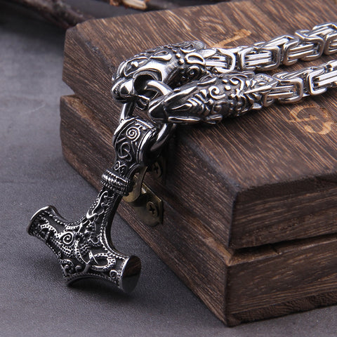 Stainless Steel Wolf Head with Square Chain Necklace thor's hammer mjolnir viking necklace  with wooden box as boyfriend gift