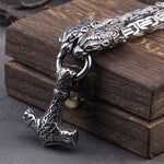Stainless Steel Wolf Head with Square Chain Necklace thor's hammer mjolnir viking necklace  with wooden box as boyfriend gift