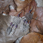 Sterling Silver Raw Amethyst Dream Catcher drop Earrings. Dream catcher dangle earrings