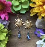 Sun Earrings with Blue Teardrop Crystals Crystal Earrings Celestial Jewelry Sunburst Gold Plated Statement Earrings