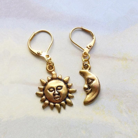 Sun and Moon Earrings , Asymmetrical Earrings , Dangle Earrings, Celestial Earrings , Moon& Sun,Celestial Gift