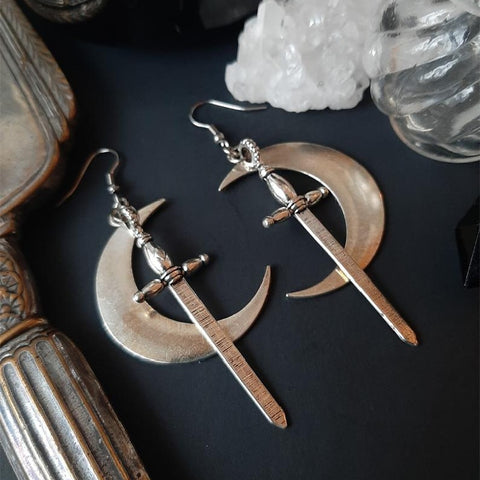 Swords Moon Earrings Witchy Warrior Pagan Viking Alternative Goth Celtic Gothic Medieval Creative Jewellery Punk Gift Women 2021