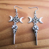 Triple Moon Bird Crow Skull Earrings And Silver Color Magic Witch Pagan Gothic Pentacle Occult Wicca Jewelry Punk