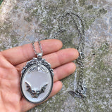 Vampire Bat Necklace, Witch Necklace,Halloween Rock,Gothic Victorian Silver Plated Framed Bat Cameo Necklace,gift for Bat Lover