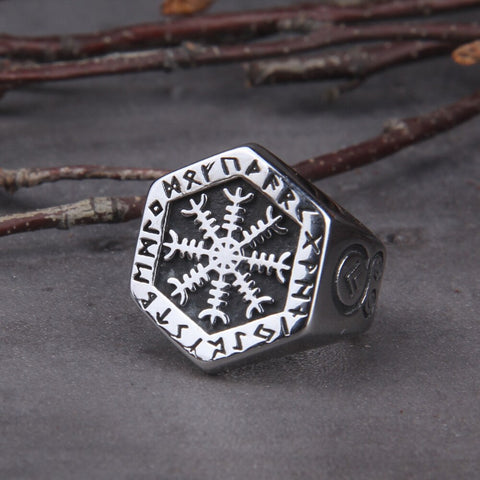Viking Compass Vegvisir Aegishjalmur Runic Statement Ring Mens Vintage Nordic Viking Totem Odin Biker Rings Jewelry