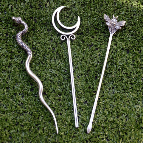 Vintage Silver Animal Hair Sticks Snake Crescent Moon Skull Dead Head Butterfly Hairpin Witch Jewelry Party Hair Accessories