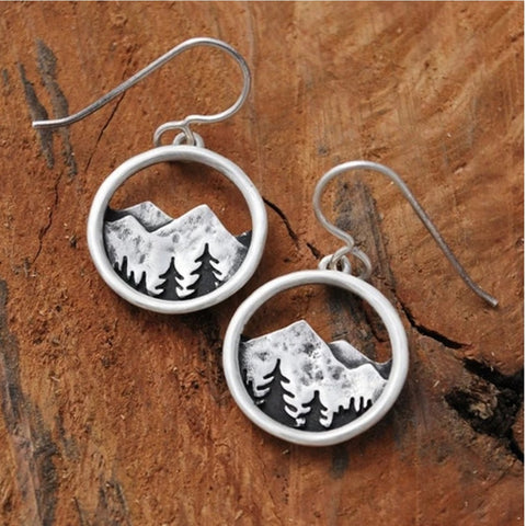Vintage Silver Three-dimensional Round Mountain Hollow Pendant Earrings Wicca Holiday Birthday Gift