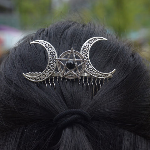 Wiccan Moon Pentagram Hairpin Crescent Moon Comb Witch Tiaras Pagan Hair Jewelry Wedding Hair Accessory
