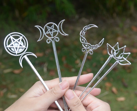 Witch Celtics Crescent Moon Pentagram Lotus Hair Sticks Magic Mysterious Hairpin Wiccan Pagan Gothic Hair Jewelry For Gift