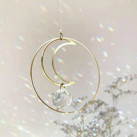Witch Crescent Moon Crystal Prism Sun Catcher Wall Hanging Occult Decor Celestial Witchcraft