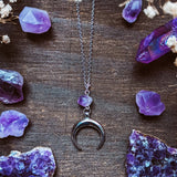 Witch Crystal Amethyst Crescent Moon Pendant Necklace Mysterious Wiccan Goddess Jewelry