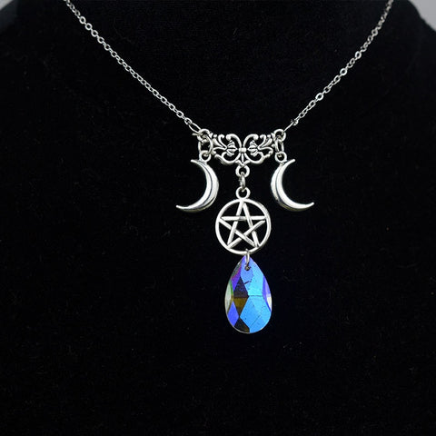 Witch Pentagram Crescent Moon Crystal Pendant Necklace Gothic Wiccan Jewelry  Wicca Craft