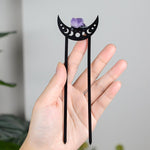 Witch Triple Crescent Moon Pentagram Crystal Amethyst Quartz Hair Stick Pagan Gothic Hairpin Wicca Occulet Goddness Hair Jewelry