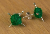 Wool Knitting Earrings - Yarn Ball and Needles,Miniature Knitting Needles, Knitter Gift, Silver-Plated Stud, Yarn Ball Earrings