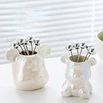 Light Luxury Nordic Bear Fruit Fork Set Stainless Steel Fruit Fork Storage Can Ceramic Cute Bear Fruit Fork Can Fruit Sign