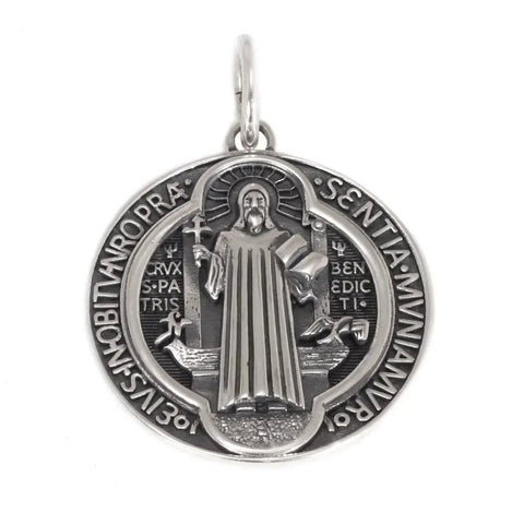 Sterling Silver Saint Benedict Medallion Cross Pendant Necklace Catholic Exorcism Amulet