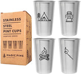 Set of 4 Stainless Steel Cups with Camping Theme - Camping Gift for Men or Women, Decor for Your RV or Camper - 16Oz Capacity - Glasses Safe for Kids