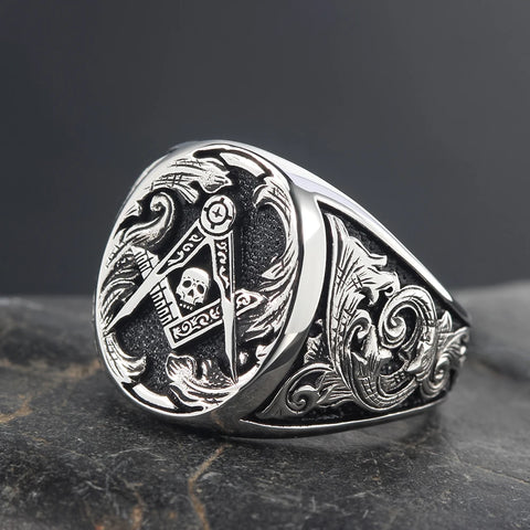 Freemason Skull And Bones Signet Masonic Hand Engraving Sterling Silver Ring